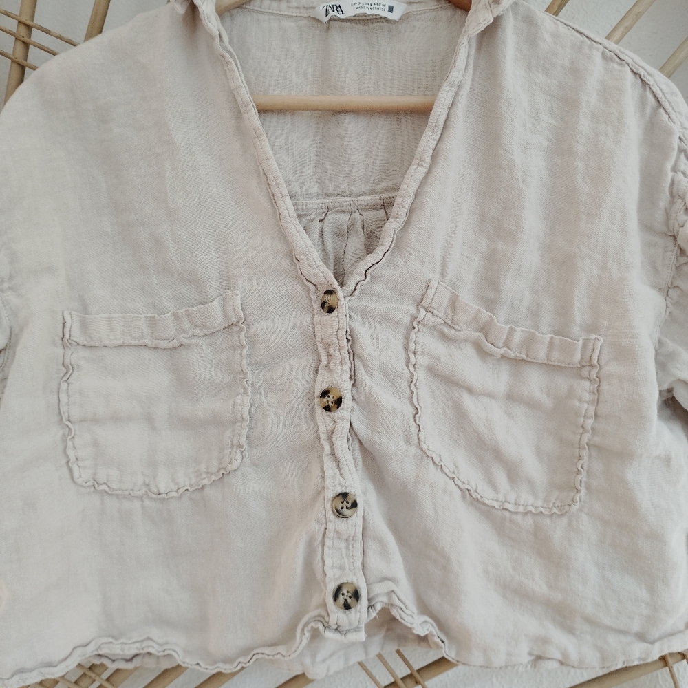 Zara Linen Button Front Cropped Shirt / Size Small - Picture 5 of 10